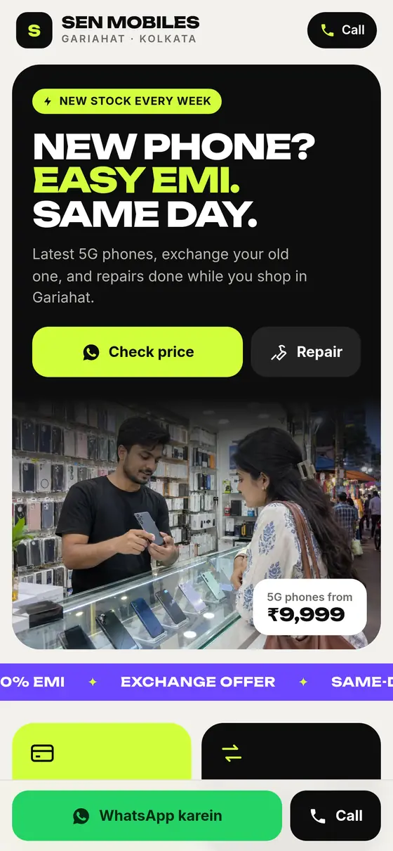 Sample website design for a mobile shop: Sen Mobiles