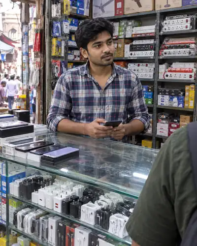 Electronics counter with phones and accessories