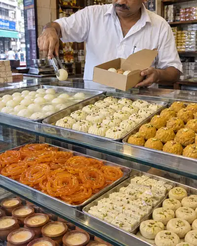 Mithai shop counter with sweets